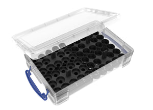 Feldherr paint racks + token trays for 4l Really Useful Boxes - 56 Citadel paint pots (12 ml / 18 ml / 24 ml) + game material