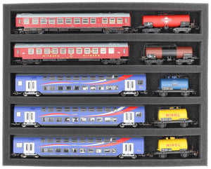 FS040A002 Foam inlay TT Scale - horizontal - 5 slots for model railway locomotives, wagons, and vehicles